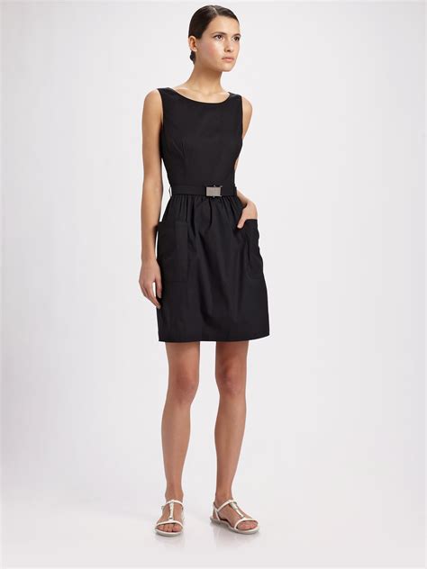 prada black dress|prada sleeveless belted black dress.